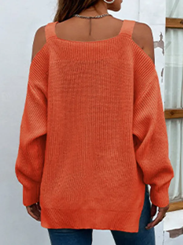 Long Sleeves Split-Side Solid Color Off-The-Shoulder Sweater Tops