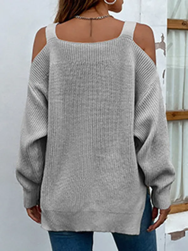 Long Sleeves Split-Side Solid Color Off-The-Shoulder Sweater Tops