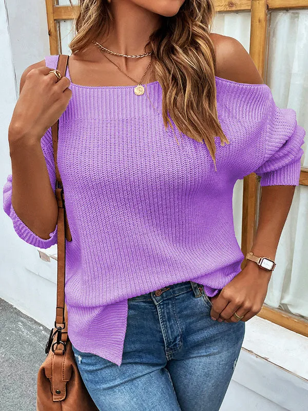 Long Sleeves Split-Side Solid Color Off-The-Shoulder Sweater Tops