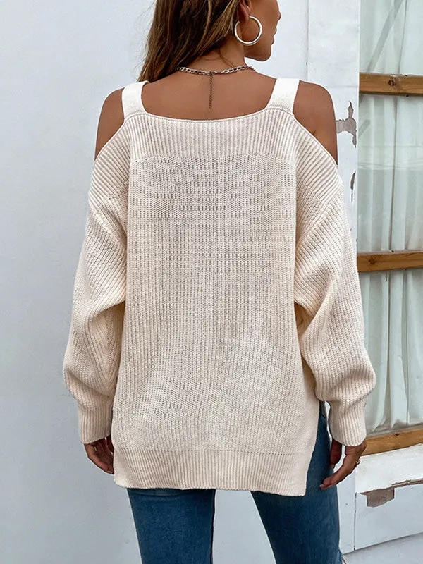 Long Sleeves Split-Side Solid Color Off-The-Shoulder Sweater Tops