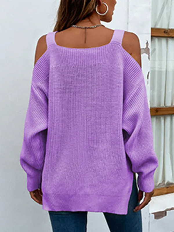 Long Sleeves Split-Side Solid Color Off-The-Shoulder Sweater Tops
