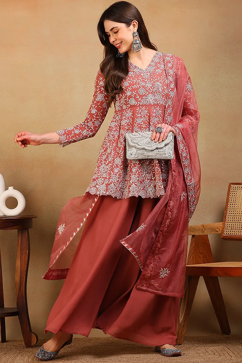 Mauve Georgette Floral Embroidered Flared Empire Suit Set