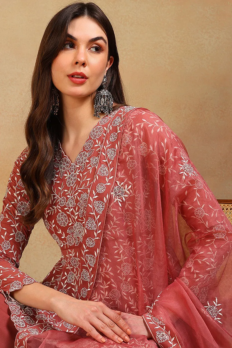 Mauve Georgette Floral Embroidered Flared Empire Suit Set