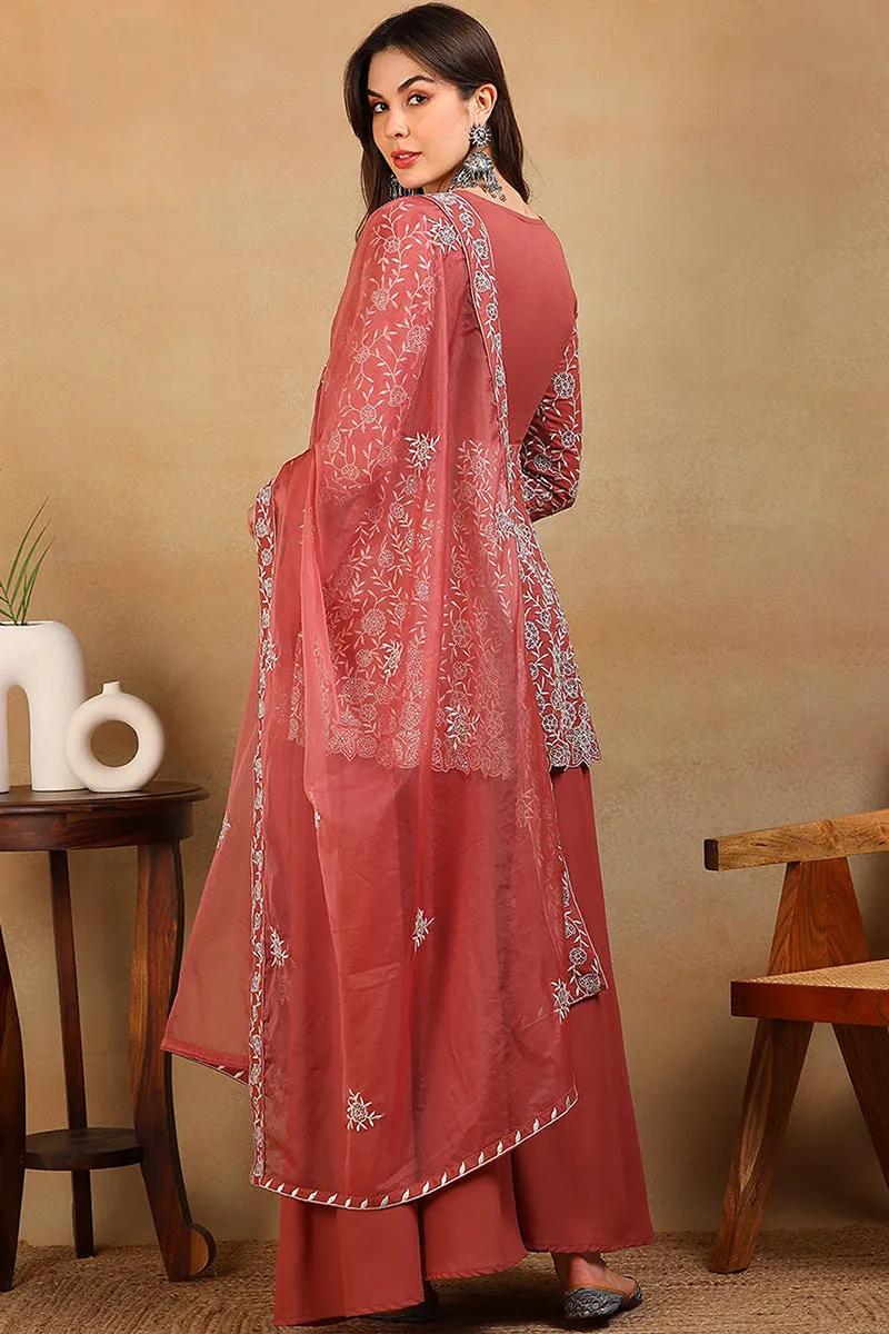 Mauve Georgette Floral Embroidered Flared Empire Suit Set