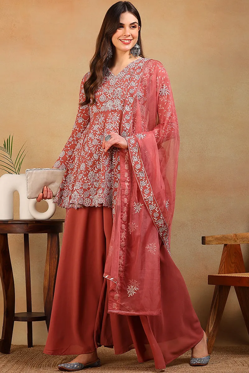 Mauve Georgette Floral Embroidered Flared Empire Suit Set