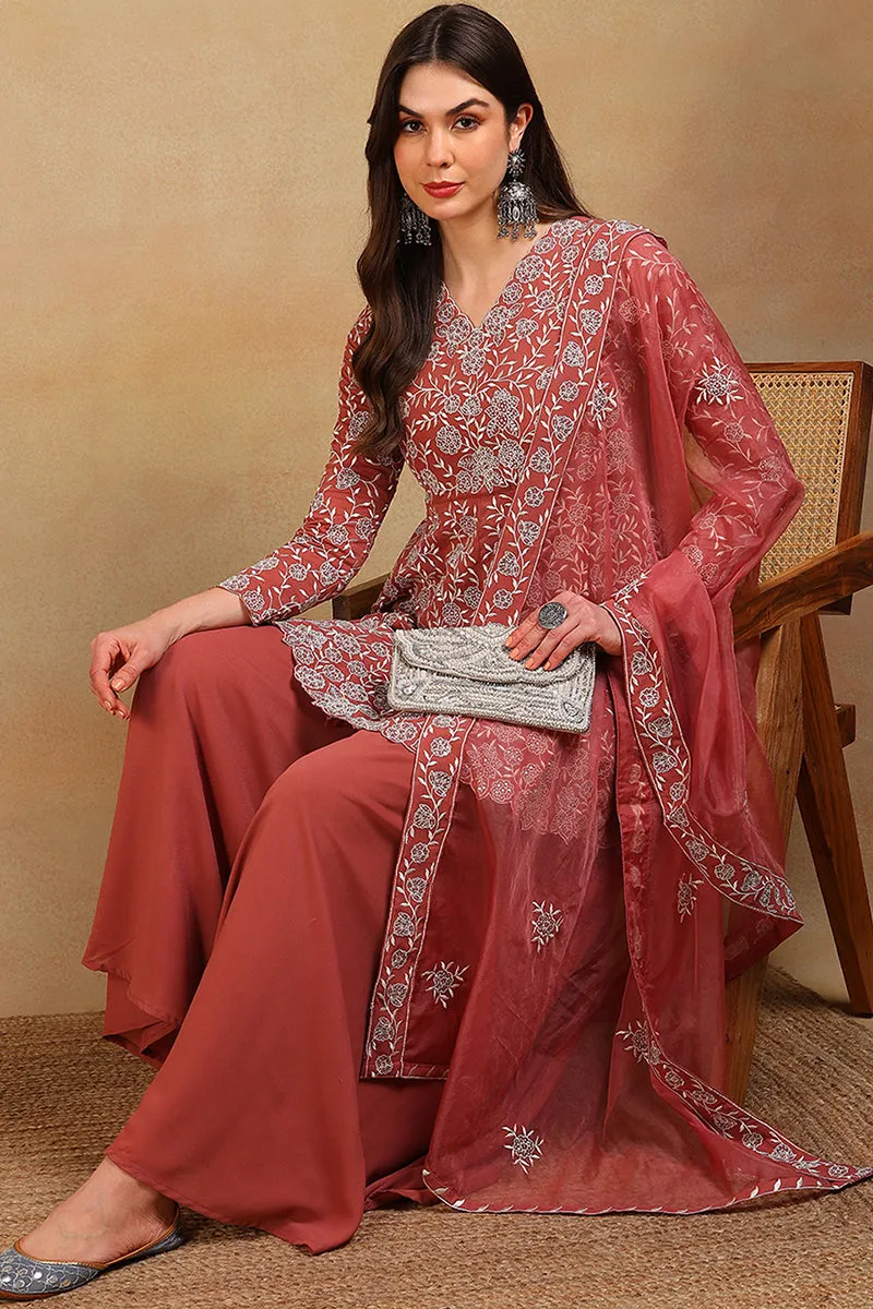 Mauve Georgette Floral Embroidered Flared Empire Suit Set