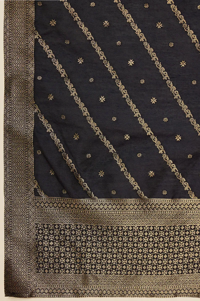 Navy Blue Poly Chanderi Jacquard Straight Suit Set