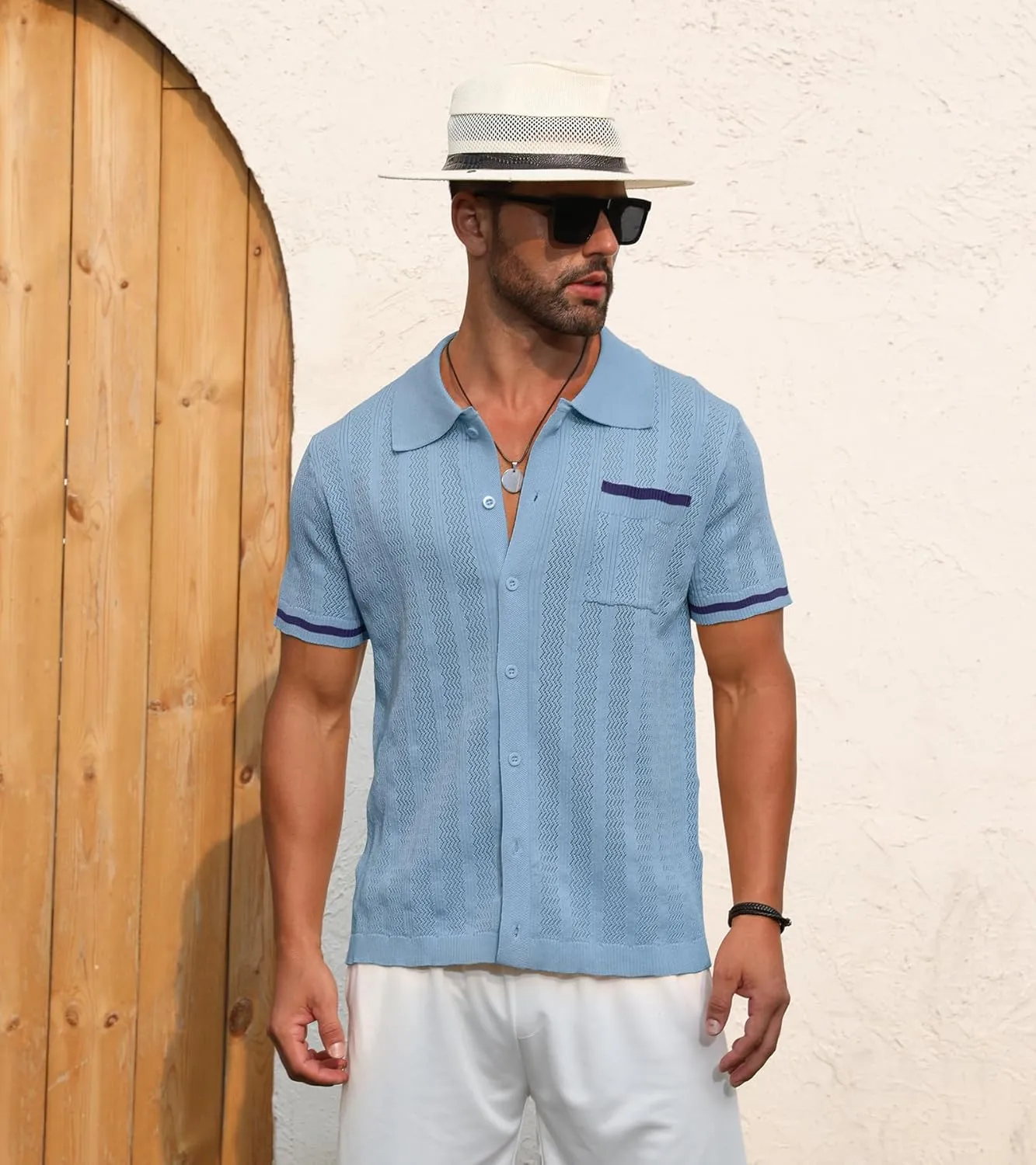 PEGENO Men's Short Sleeve Knit Shirts Button Down Shirt Vintage Casual Polo Shirt Tops