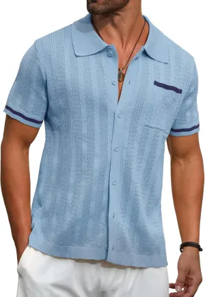 PEGENO Men's Short Sleeve Knit Shirts Button Down Shirt Vintage Casual Polo Shirt Tops