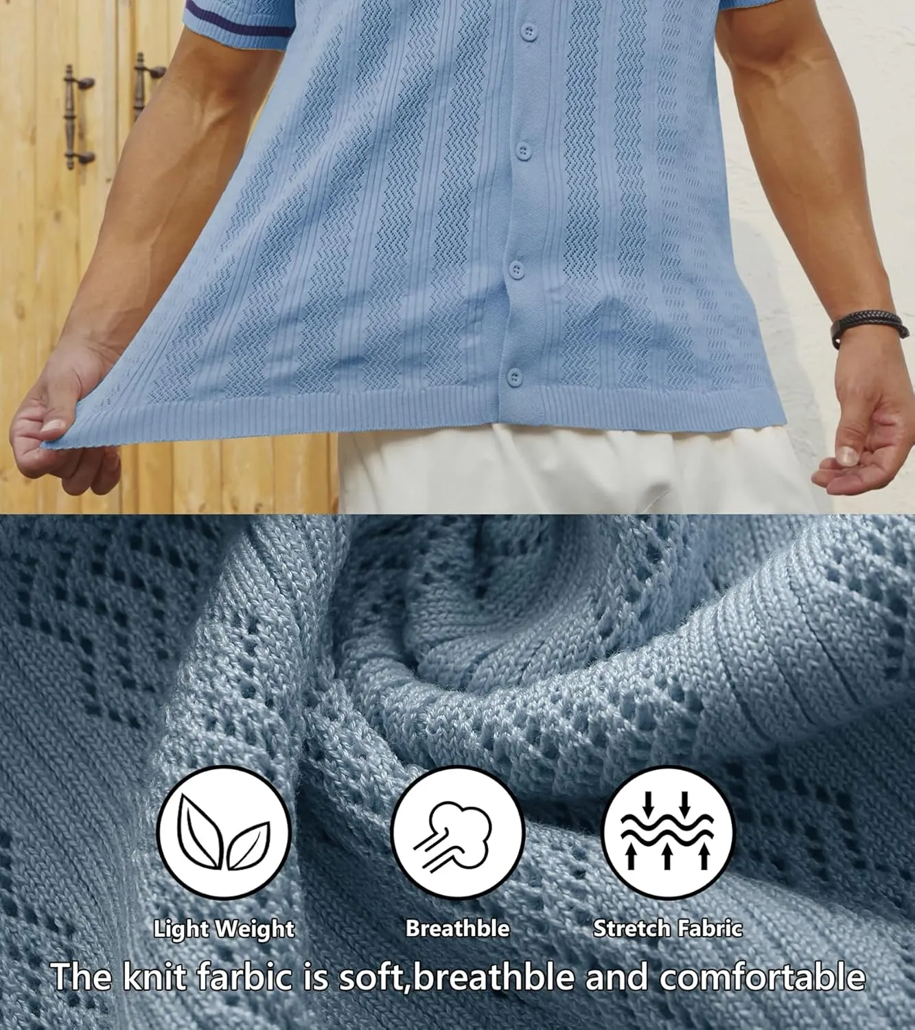 PEGENO Men's Short Sleeve Knit Shirts Button Down Shirt Vintage Casual Polo Shirt Tops