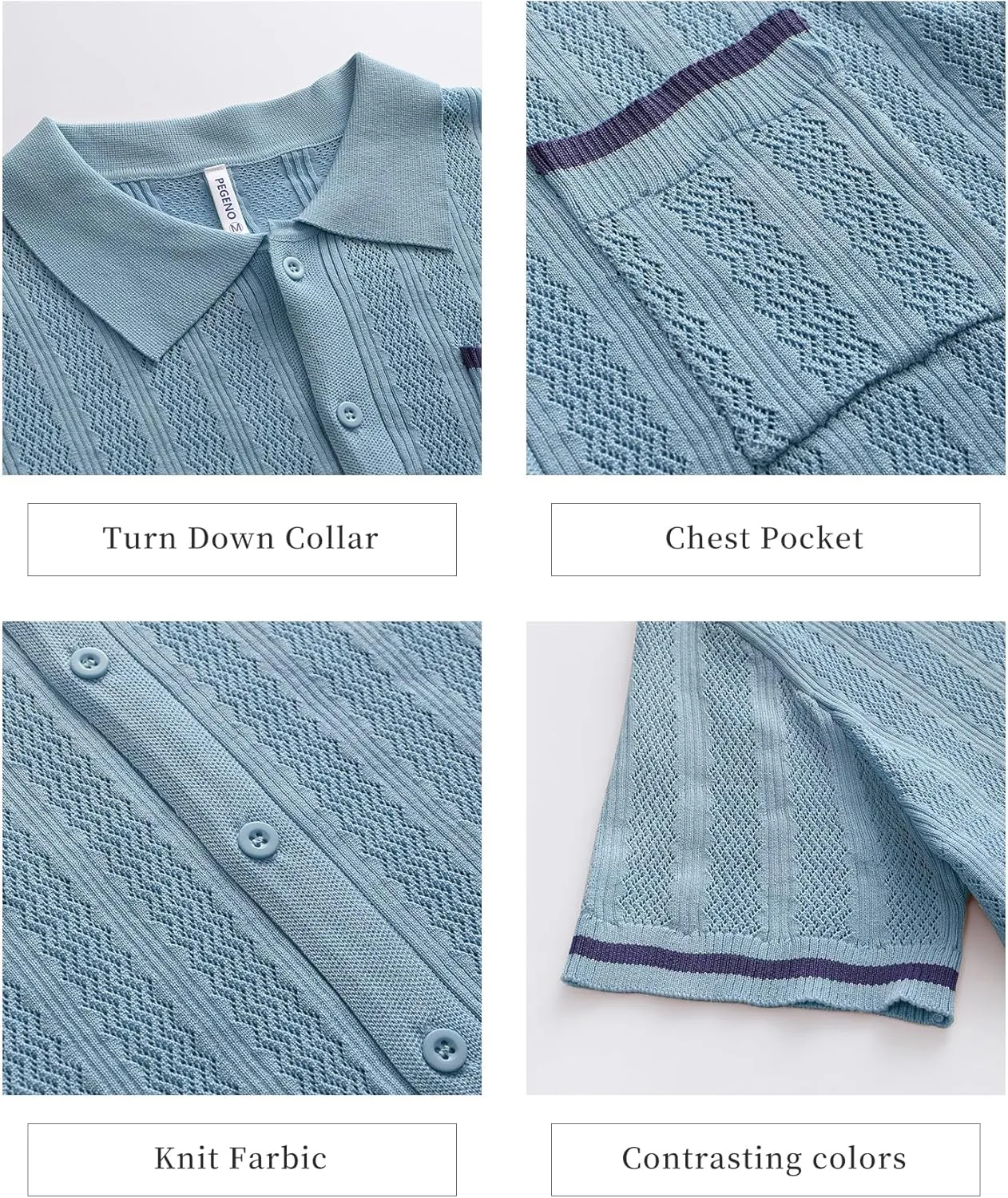 PEGENO Men's Short Sleeve Knit Shirts Button Down Shirt Vintage Casual Polo Shirt Tops