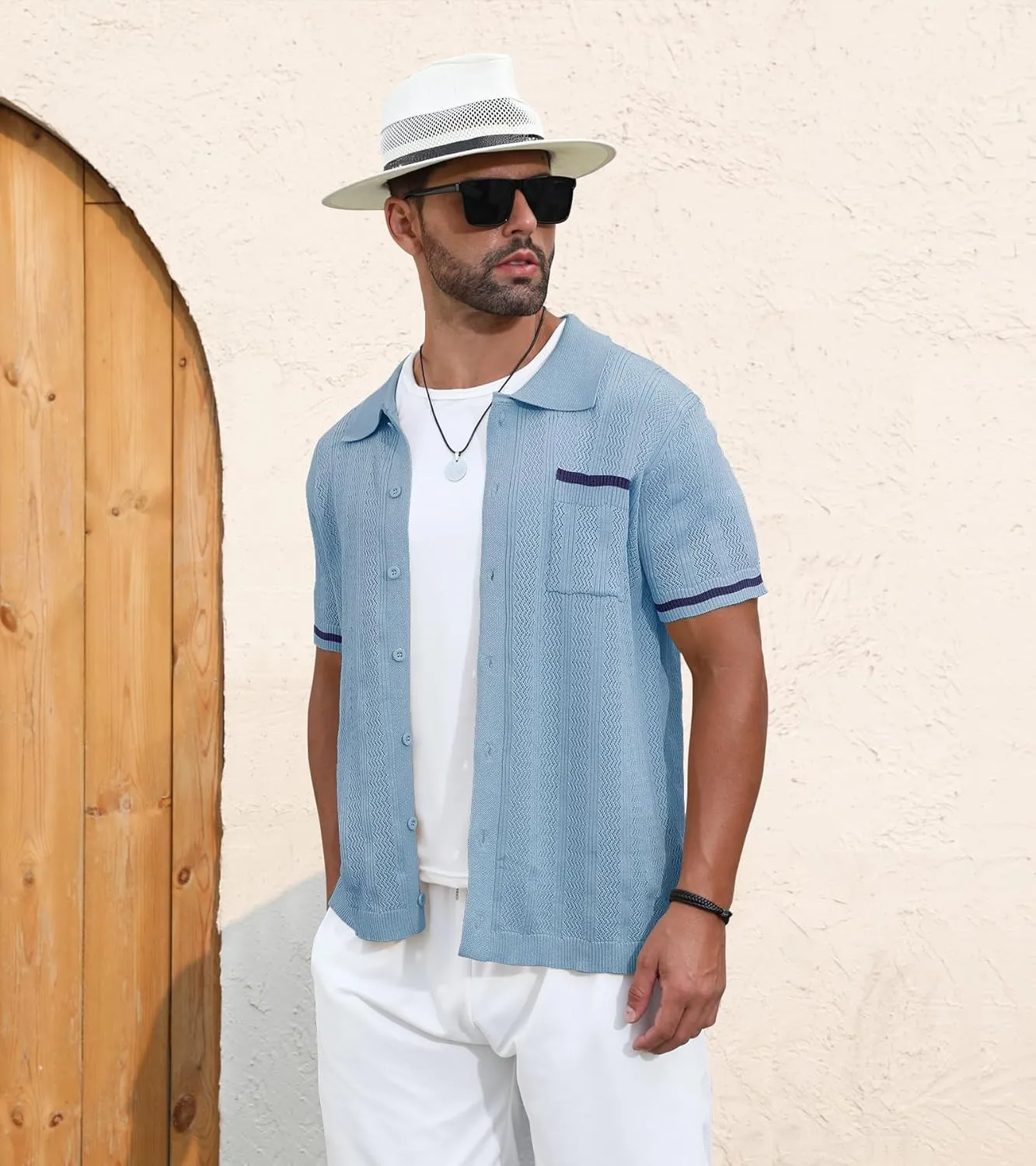 PEGENO Men's Short Sleeve Knit Shirts Button Down Shirt Vintage Casual Polo Shirt Tops