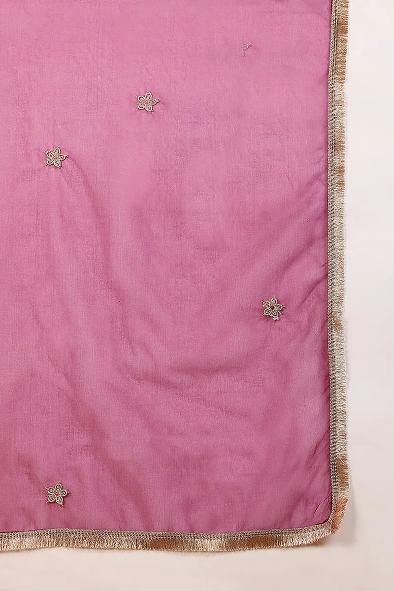Purple Silk Blend Solid Embroidered Flared Empire Suit Set