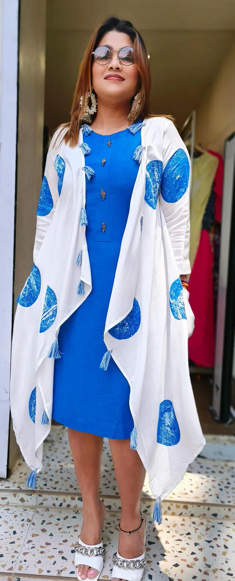 RFSS1754 - Summer linen cotton dress with printed jacket