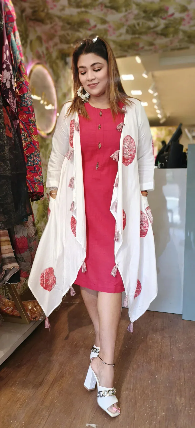 RFSS1754 - Summer linen cotton dress with printed jacket