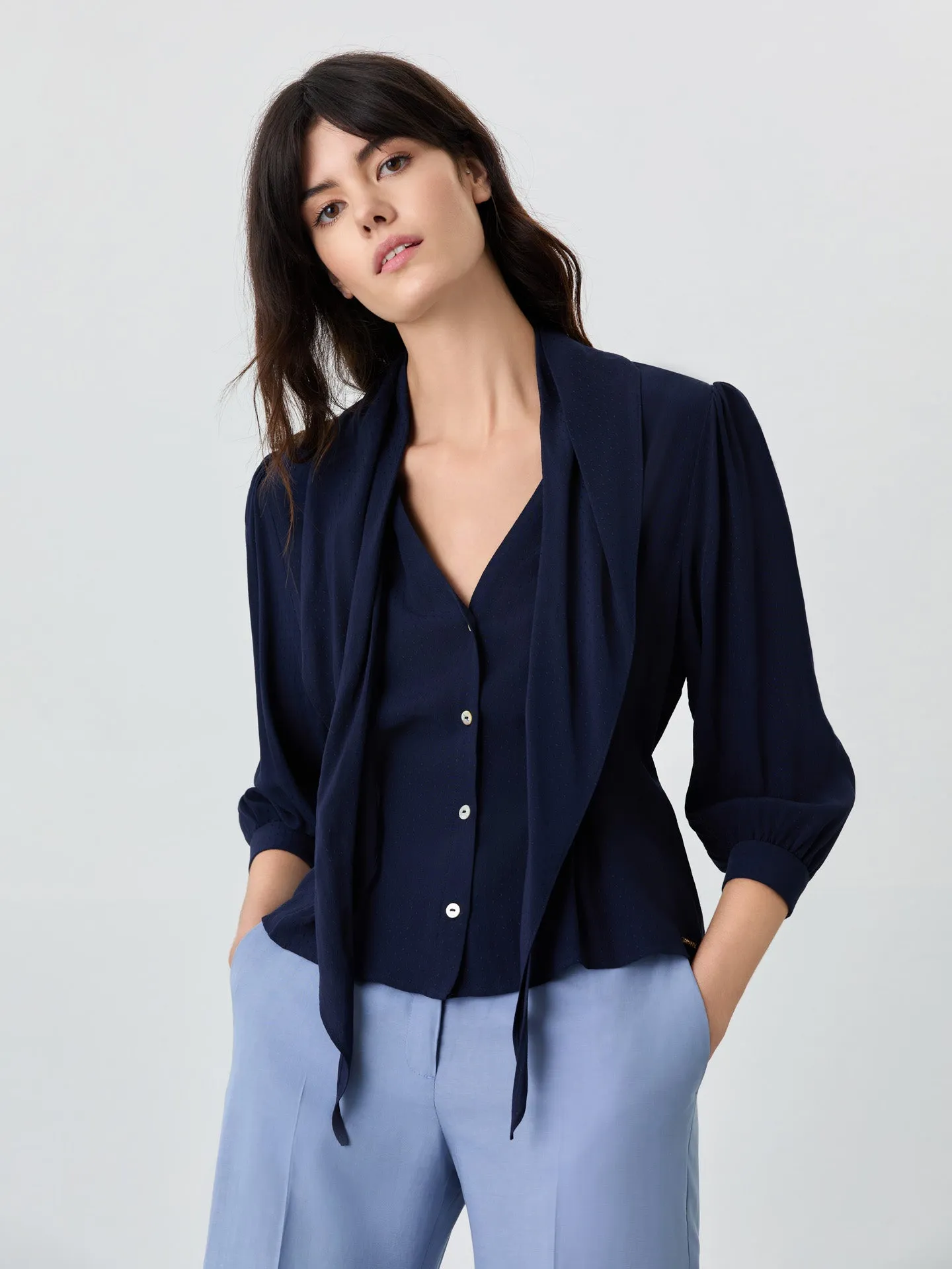 Slim Fit Blouse In Viscose And Lenzing Blend With Removable Scarf