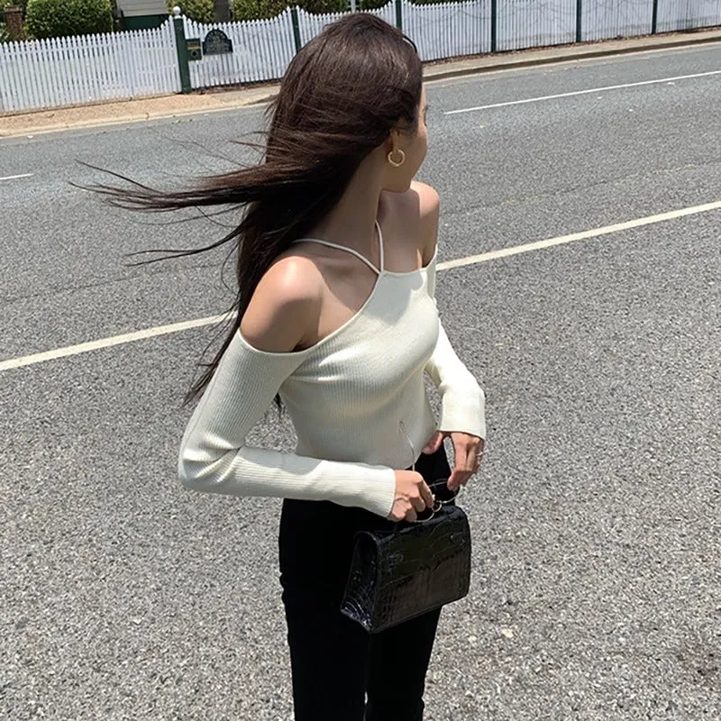 Slim Knitted Halter Neck Off Shoulder Long Sleeve Tops
