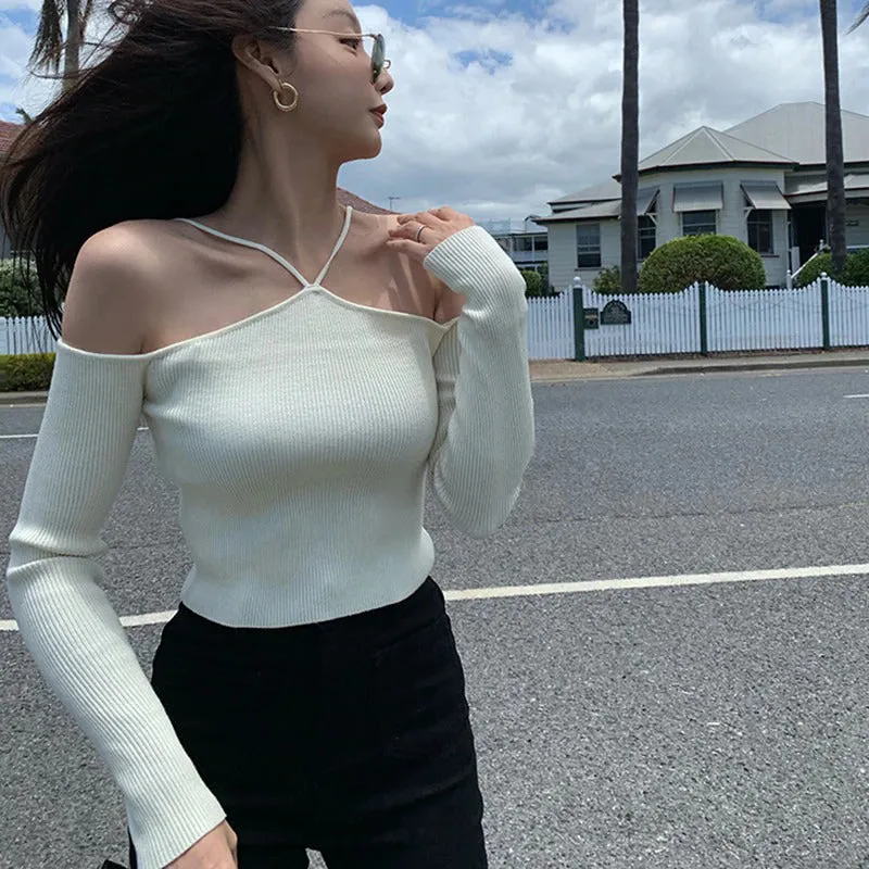 Slim Knitted Halter Neck Off Shoulder Long Sleeve Tops