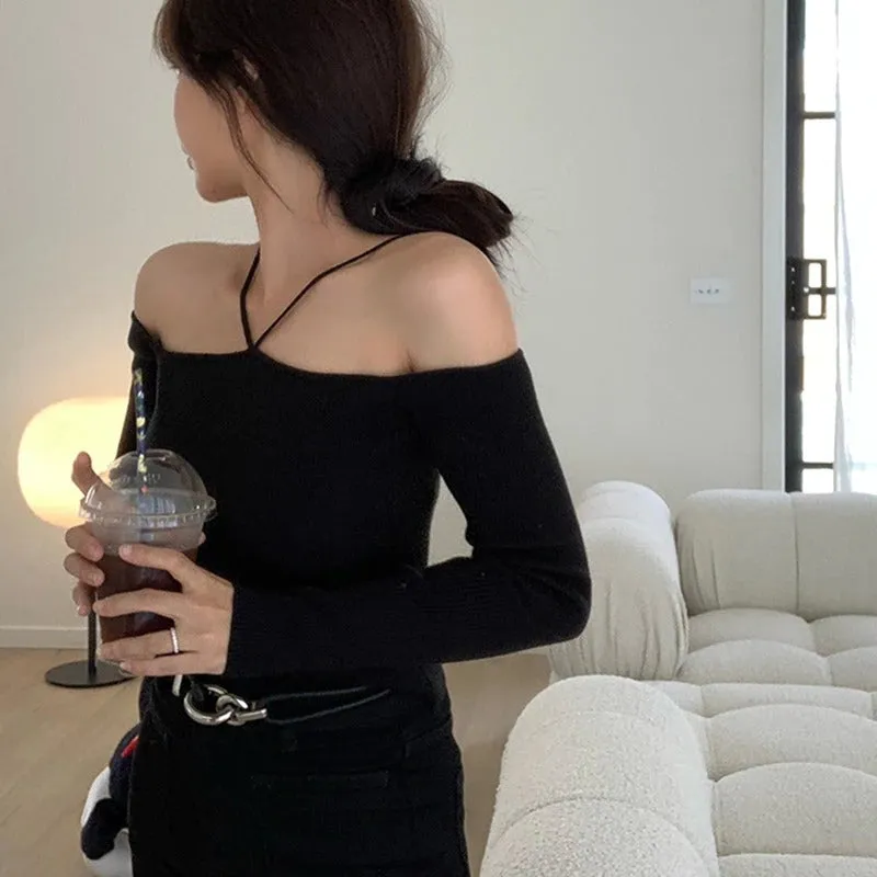 Slim Knitted Halter Neck Off Shoulder Long Sleeve Tops
