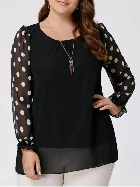 Trendy Polka Dot Plus Size Long Sleeve Chiffon Top