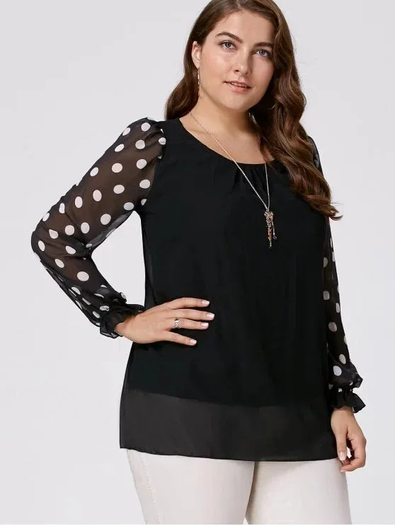 Trendy Polka Dot Plus Size Long Sleeve Chiffon Top