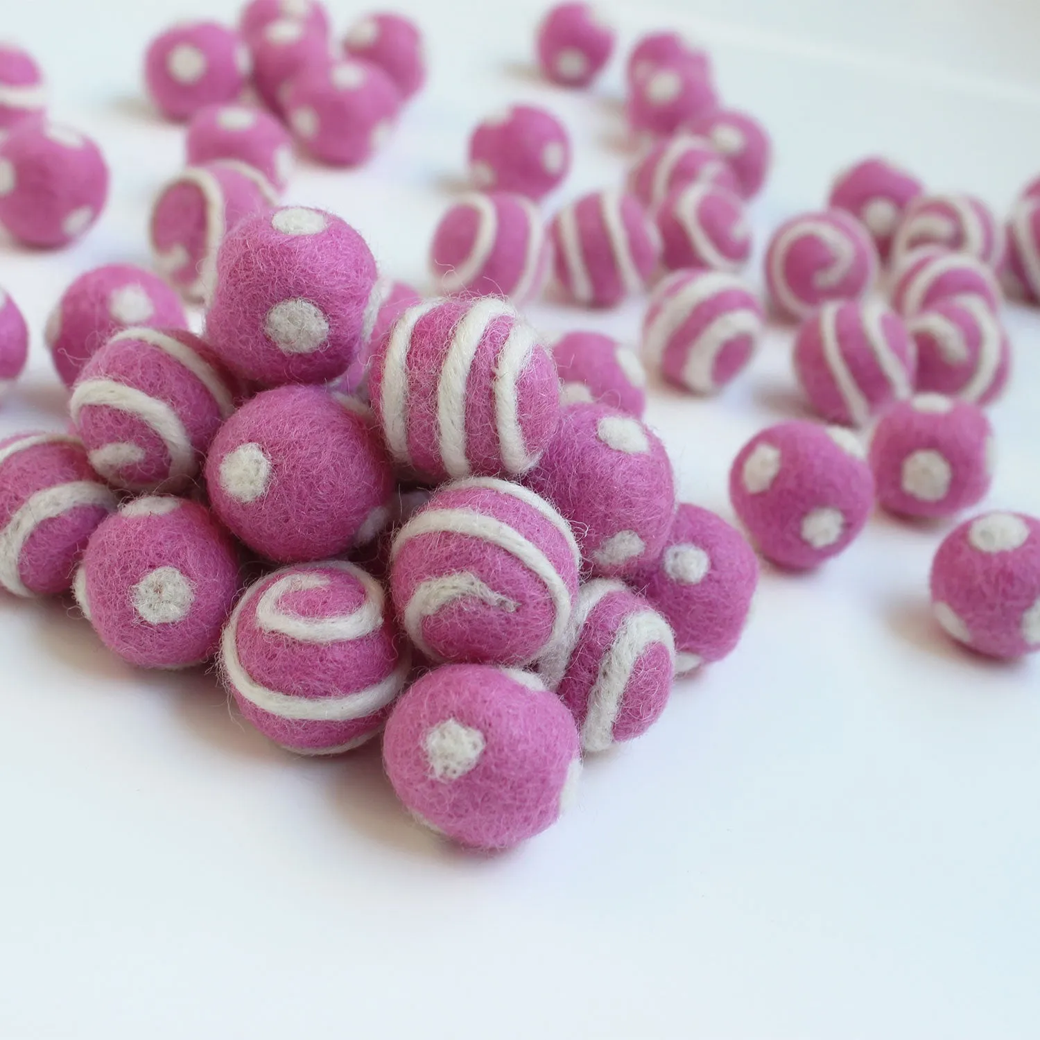 White On Pink Polka Dot Swirl Felt Balls