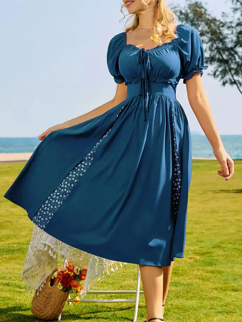 Women Off Shoulder Patchwork Elastic Waist Lace up Dress