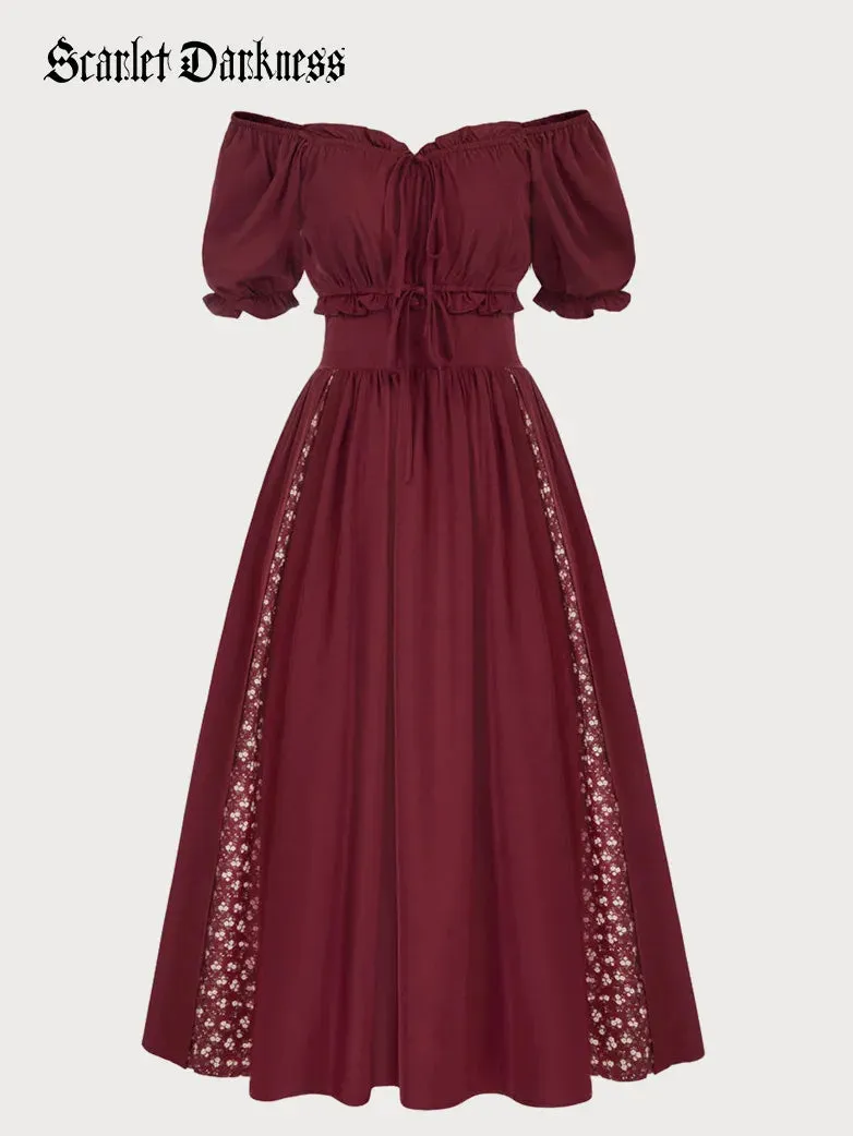 Women Off Shoulder Patchwork Elastic Waist Lace up Dress