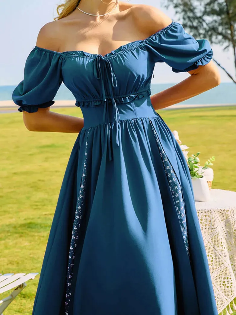 Women Off Shoulder Patchwork Elastic Waist Lace up Dress