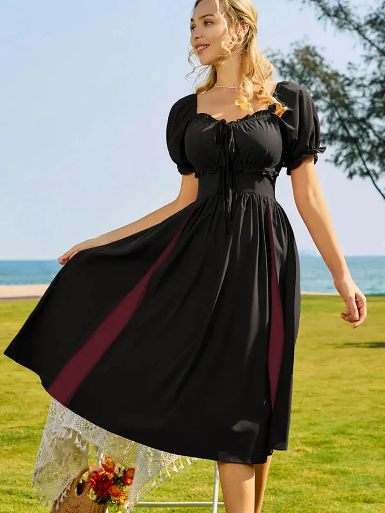 Women Off Shoulder Patchwork Elastic Waist Lace up Dress