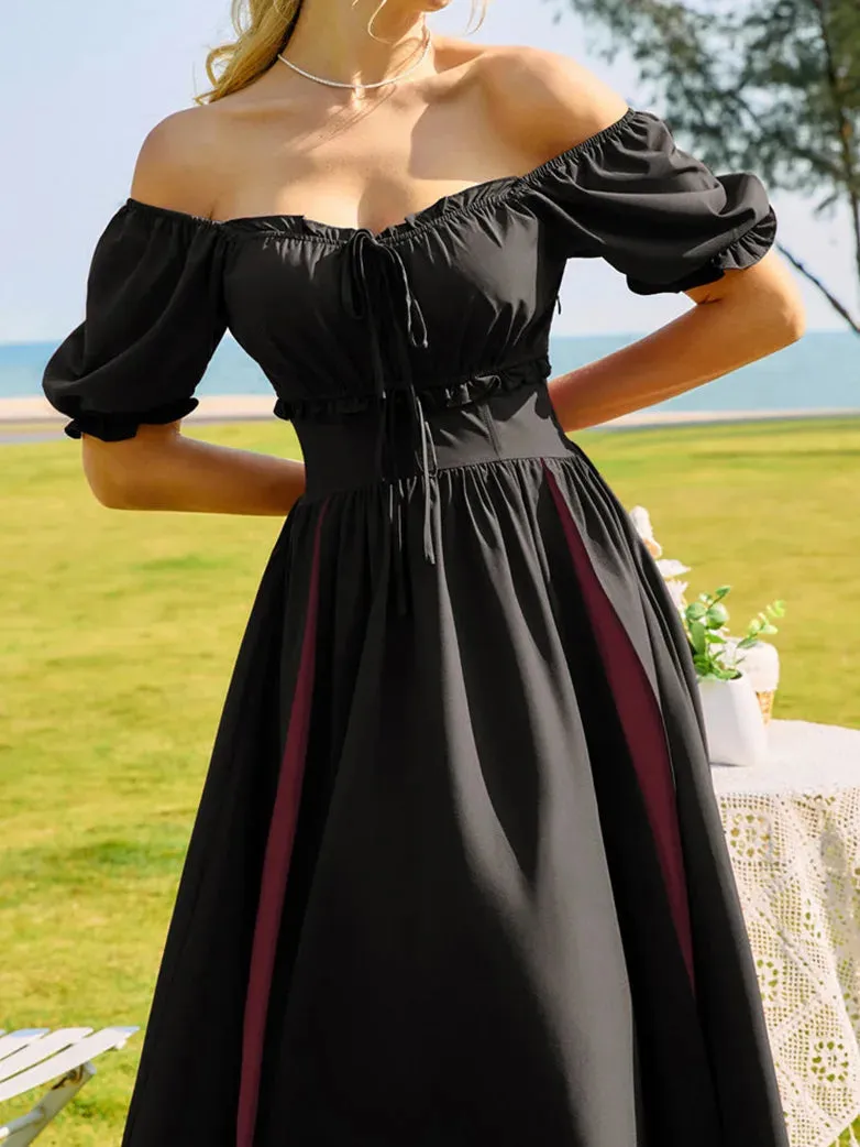 Women Off Shoulder Patchwork Elastic Waist Lace up Dress